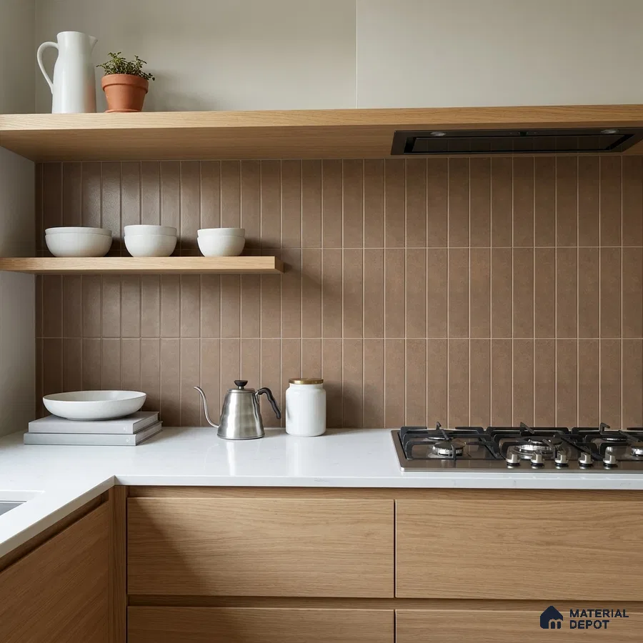 Scandinavian Kitchen with Clay Brown Stacked Backsplash Tile and Oak Cabinets