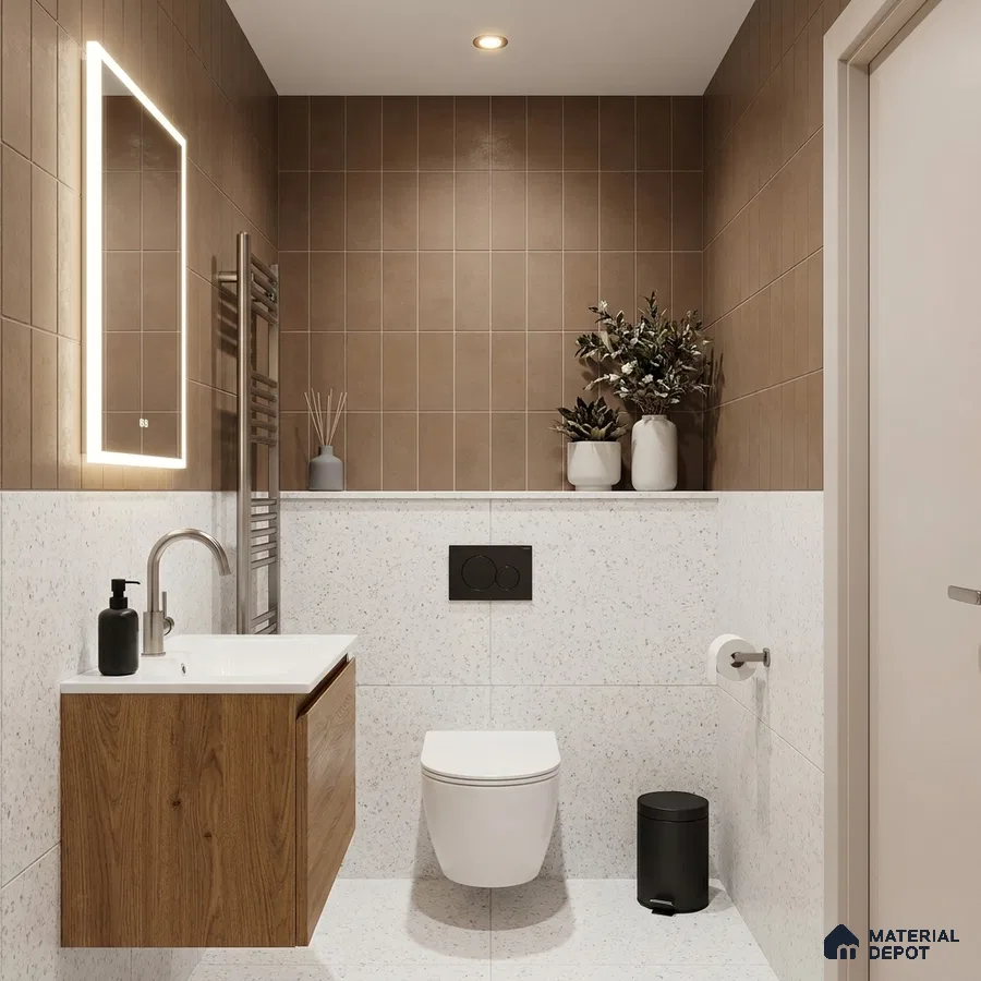 Modern Bathroom with Clay Brown Wall Tile and White Terrazzo