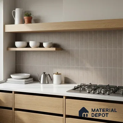 Scandinavian Kitchen with Greige Stacked Backsplash Tile and Oak Cabinets