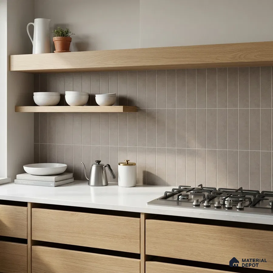 Scandinavian Kitchen with Greige Stacked Backsplash Tile and Oak Cabinets