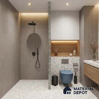 Modern Bathroom with Grey Wall Tile and White Terrazzo Floor