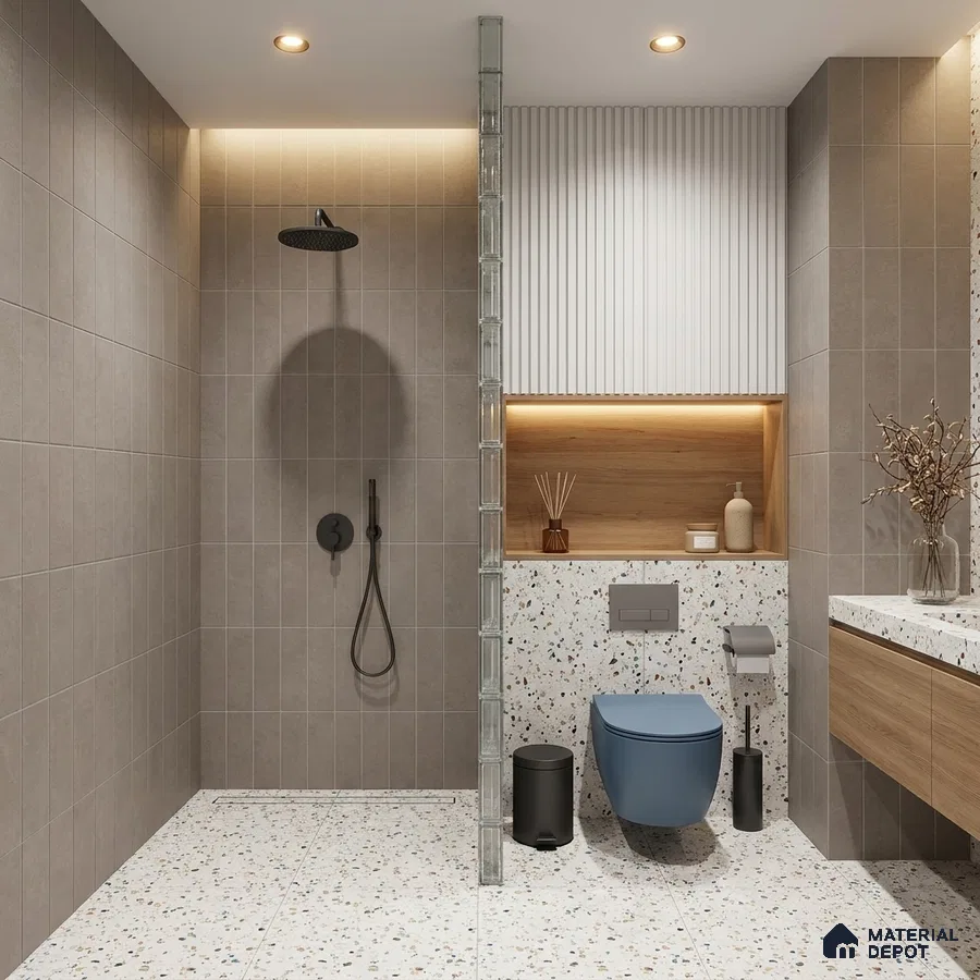 Modern Bathroom with Grey Wall Tile and White Terrazzo Floor