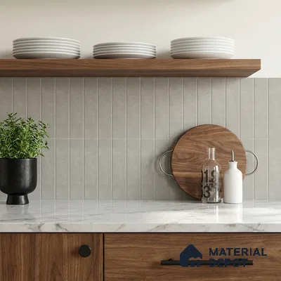 Scandinavian Kitchen with Warm Grey Stacked Backsplash Tile and Oak Cabinets