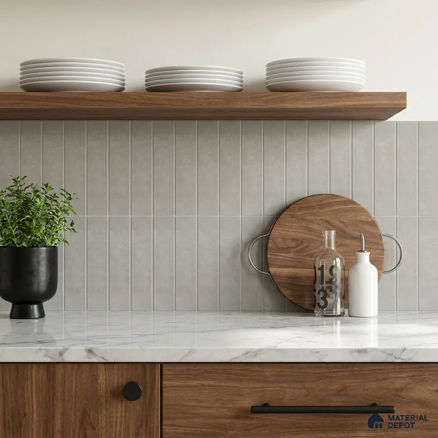 Scandinavian Kitchen with Warm Grey Stacked Backsplash Tile and Oak Cabinets
