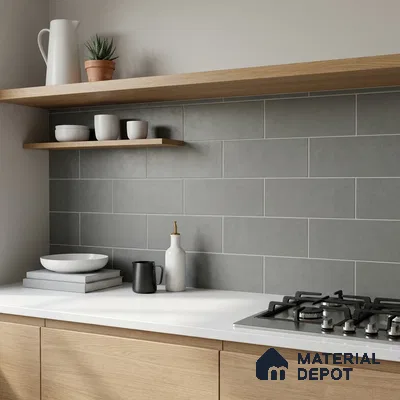 Modern Kitchen with Light Grey Stacked Backsplash Tile and Walnut Cabinets