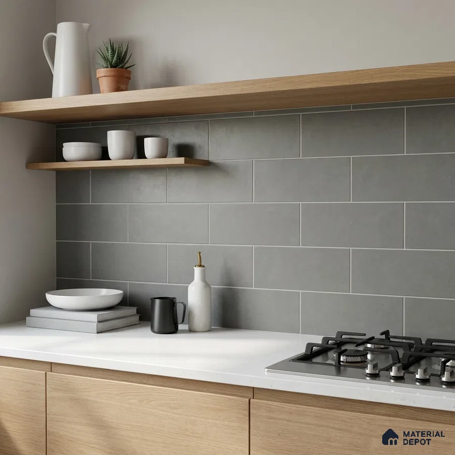 Modern Kitchen with Light Grey Stacked Backsplash Tile and Walnut Cabinets