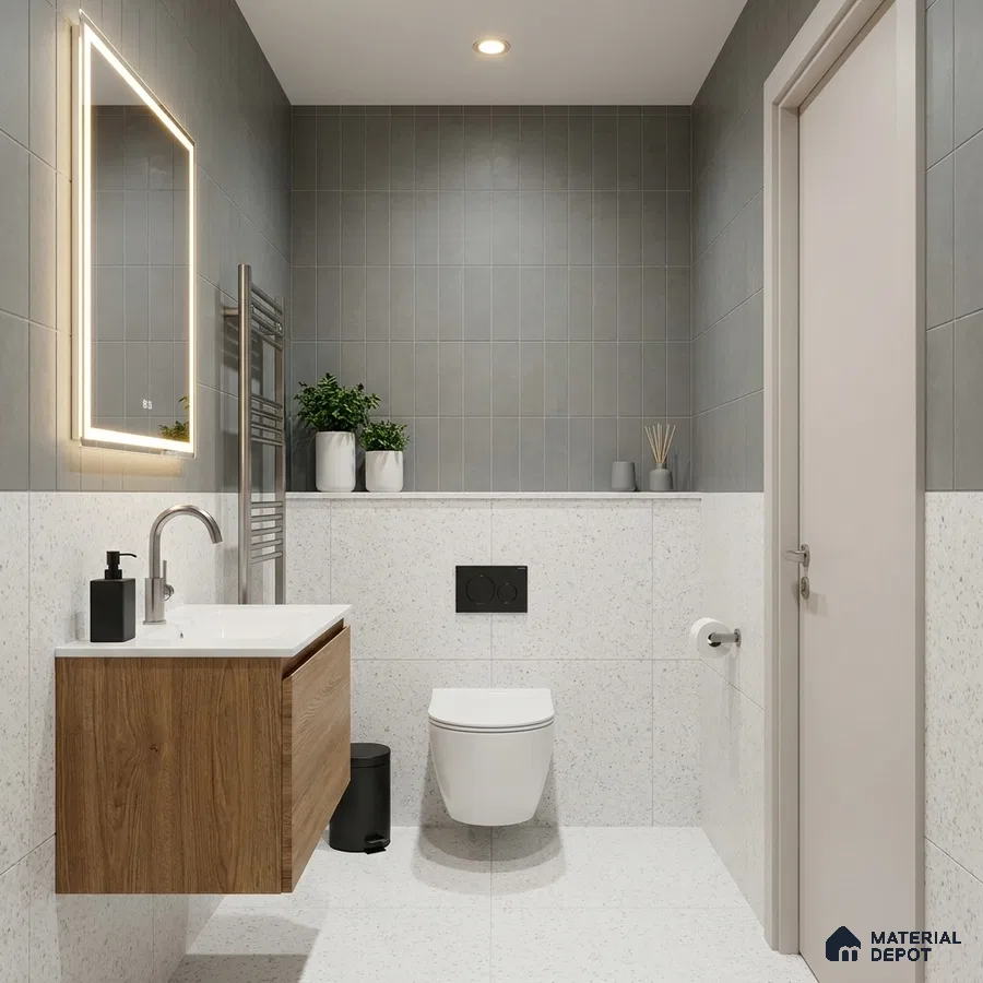 Modern Bathroom with Grey Wall Tile and White Terrazzo