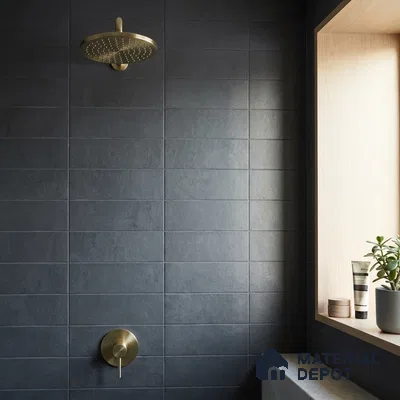Modern Bathroom with Charcoal Wall Tile and Brass Fixtures