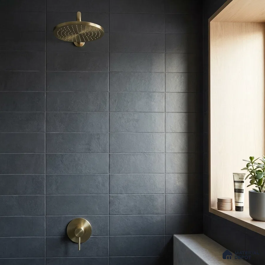Modern Bathroom with Charcoal Wall Tile and Brass Fixtures