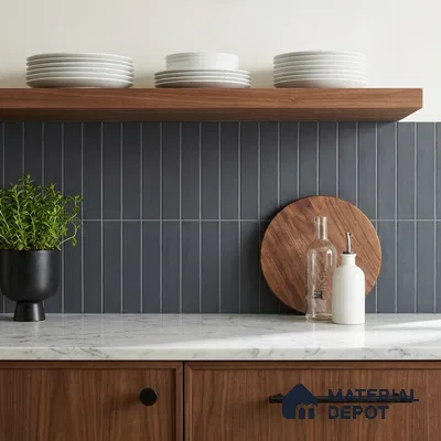 Modern Kitchen with Charcoal Blue Stacked Backsplash Tile and Walnut Cabinets