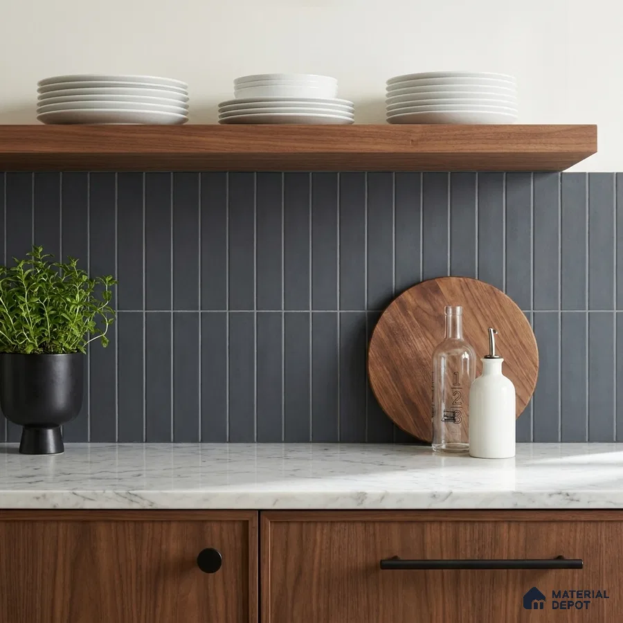 Modern Kitchen with Charcoal Blue Stacked Backsplash Tile and Walnut Cabinets