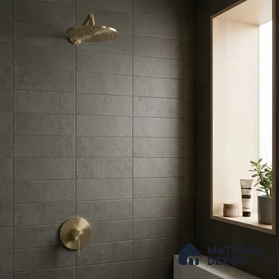 Modern Bathroom with Olive Grey Wall Tile and Brass Fixtures