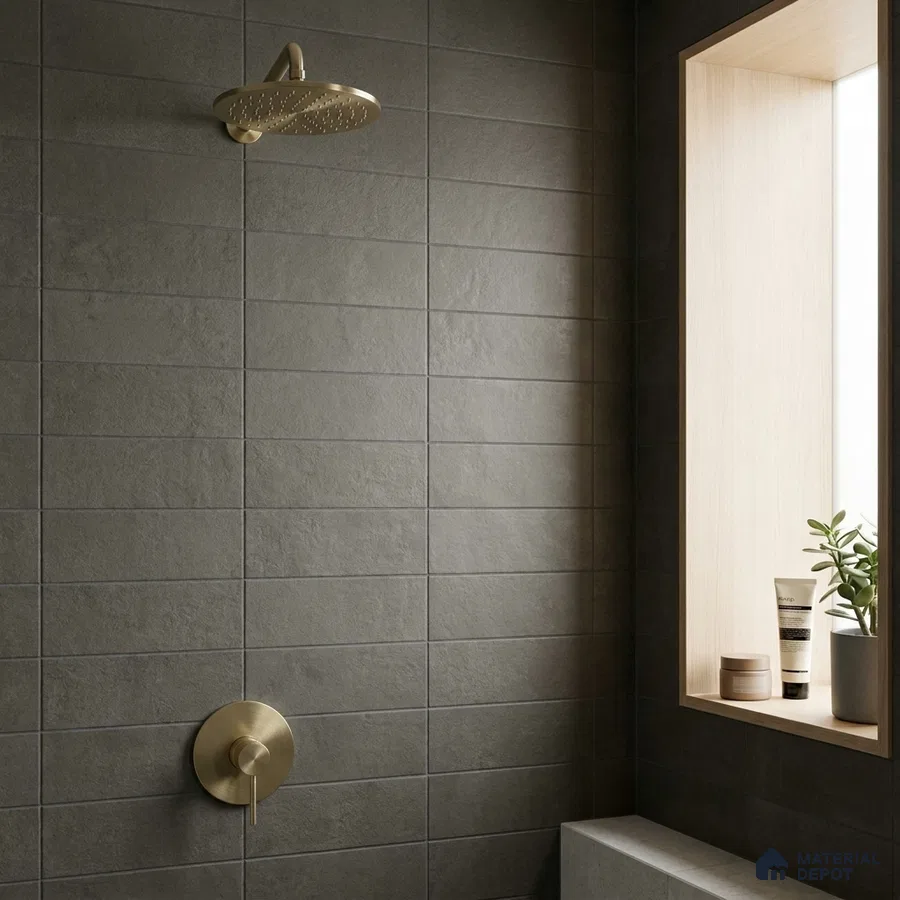 Modern Bathroom with Olive Grey Wall Tile and Brass Fixtures