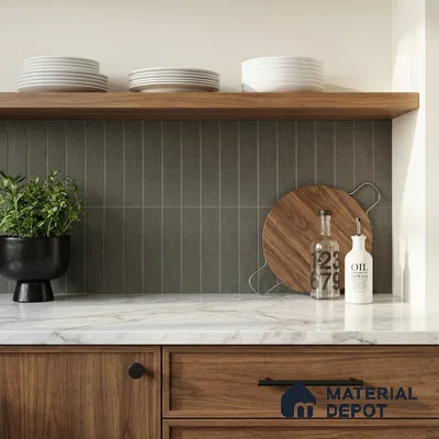 Modern Kitchen with Olive Grey Stacked Backsplash Tile and Walnut Cabinets