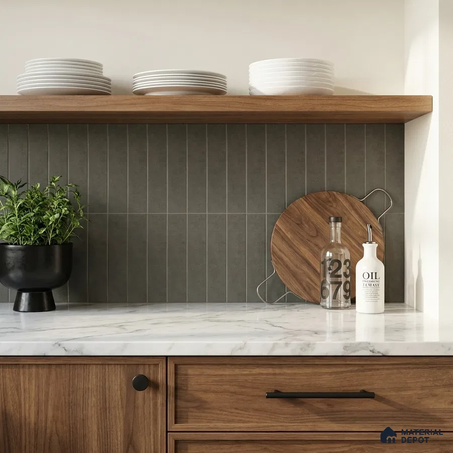 Modern Kitchen with Olive Grey Stacked Backsplash Tile and Walnut Cabinets