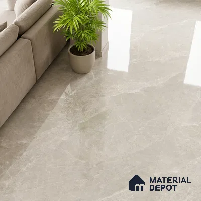 Modern living room with beige marble-look glossy floor tiles and neutral sofa