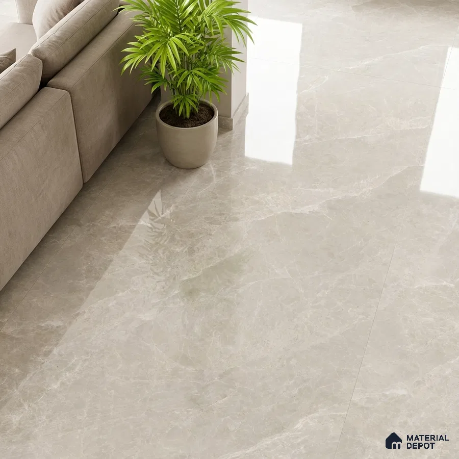 Modern living room with beige marble-look glossy floor tiles and neutral sofa