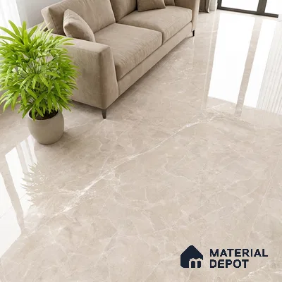 Modern living room with beige marble-look glossy floor tiles and taupe sofa