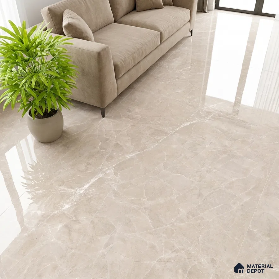 Modern living room with beige marble-look glossy floor tiles and taupe sofa