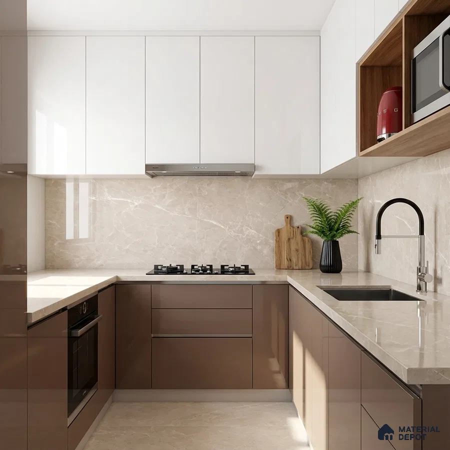 Modern dual tone kitchen with glossy white and taupe brown laminate, beige marble backsplash and countertop