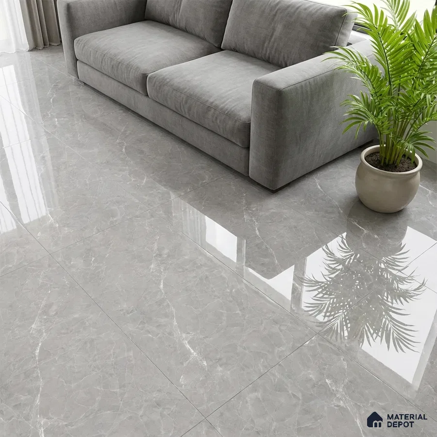 Minimalist living room with grey marble-look glossy floor tiles and grey fabric sofa