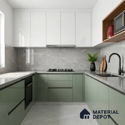 Modern dual tone kitchen with sage green and frosty white laminate, grey marble backsplash and countertop