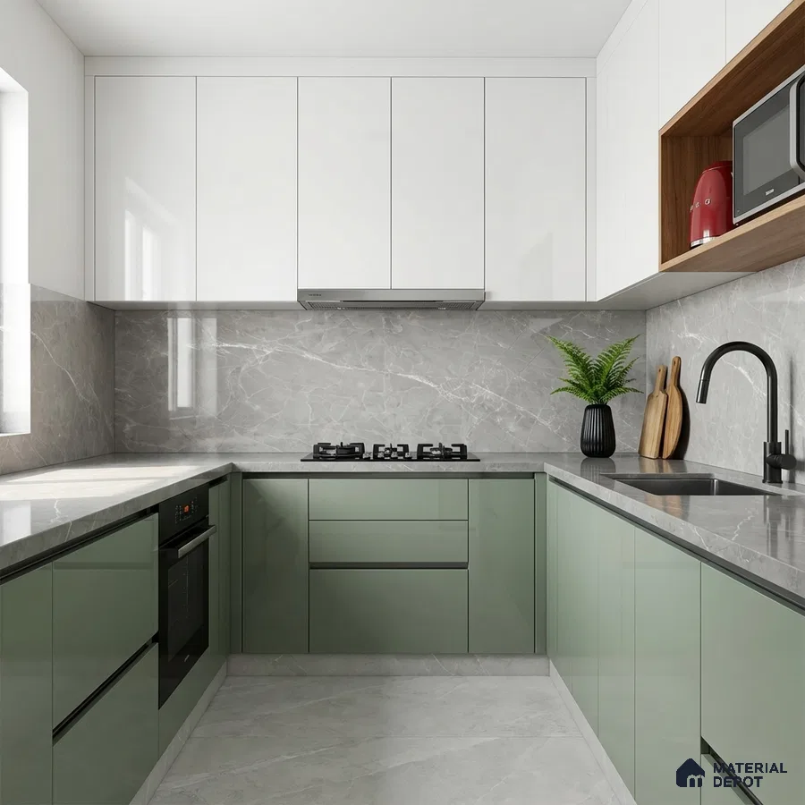 Modern dual tone kitchen with sage green and frosty white laminate, grey marble backsplash and countertop