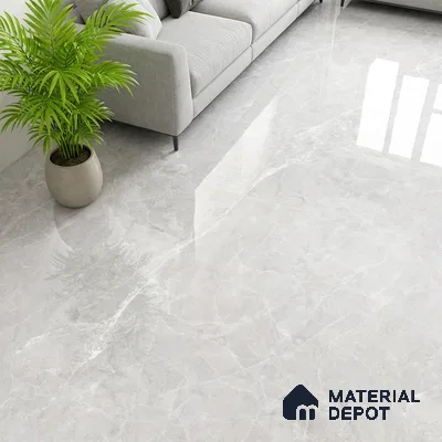 Minimalist living room with light grey marble-look polished floor tiles