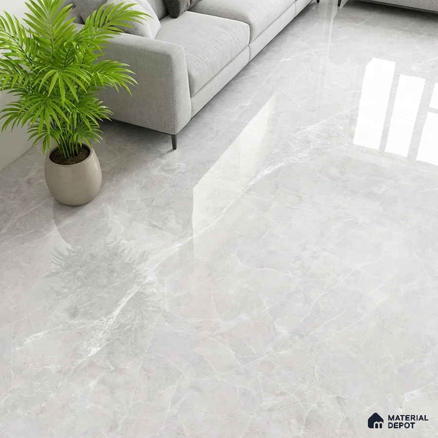 Minimalist living room with light grey marble-look polished floor tiles