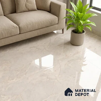 Modern living room with beige marble-look glossy floor tiles and taupe fabric sofa
