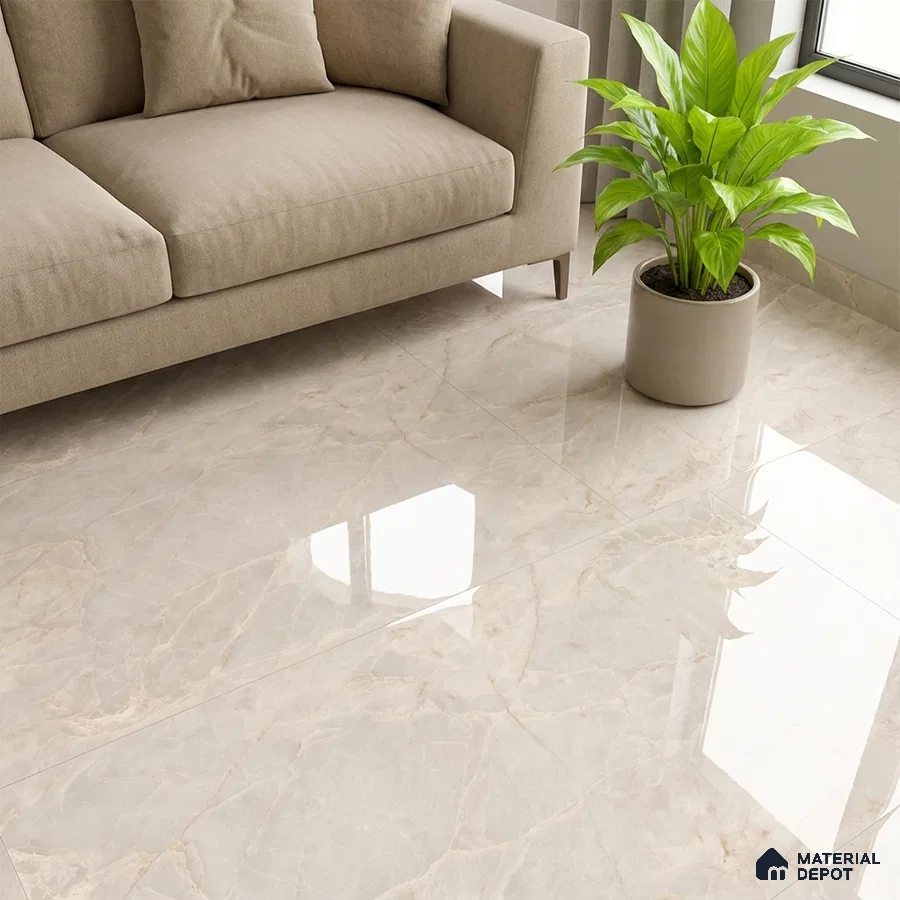 Modern living room with beige marble-look glossy floor tiles and taupe fabric sofa