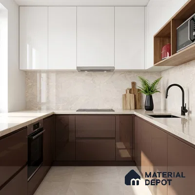 Modern U-shaped kitchen with glossy brown and white laminate, beige marble backsplash, and countertop