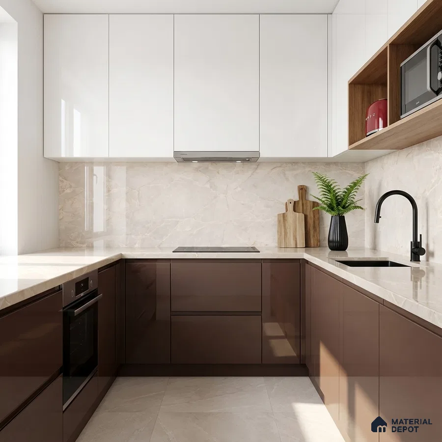 Modern U-shaped kitchen with glossy brown and white laminate, beige marble backsplash, and countertop