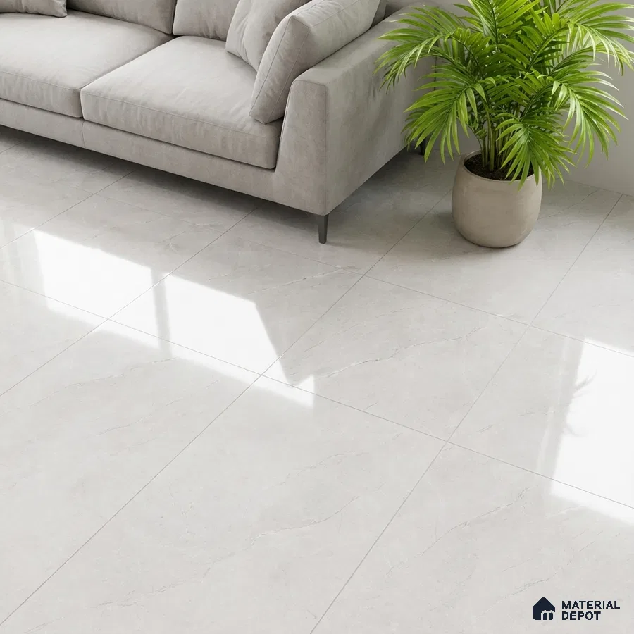 Minimalist living room with light grey marble-look floor tiles and modern fabric sofa