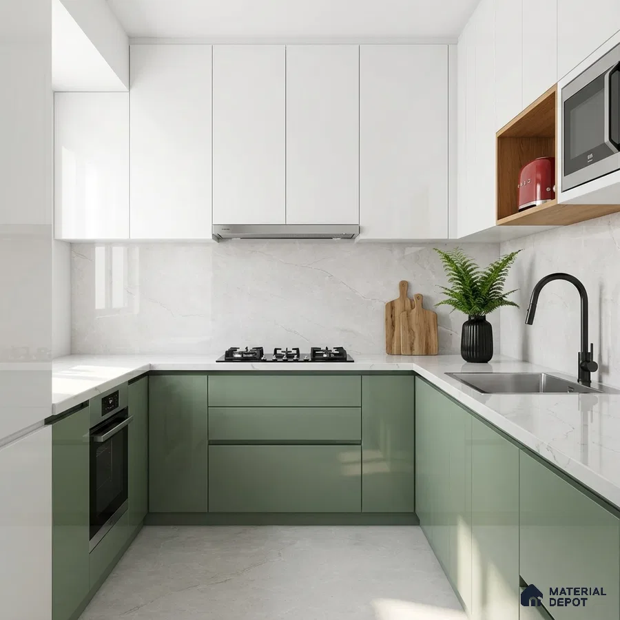 Modern dual tone kitchen with sage green and frosty white laminate, white marble backsplash, and quartz countertop