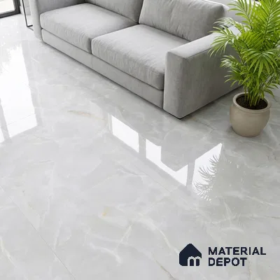 Minimalist living room with glossy white marble-look floor tiles and grey fabric sofa