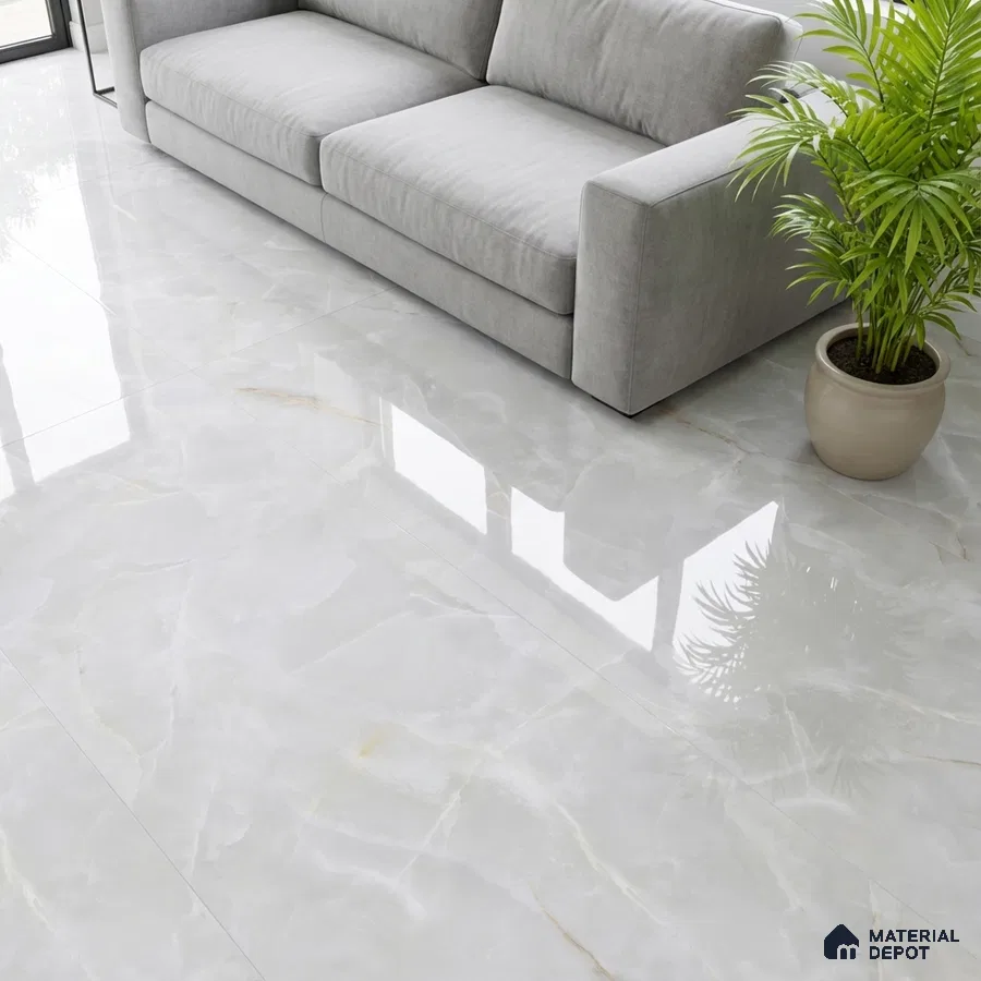 Minimalist living room with glossy white marble-look floor tiles and grey fabric sofa