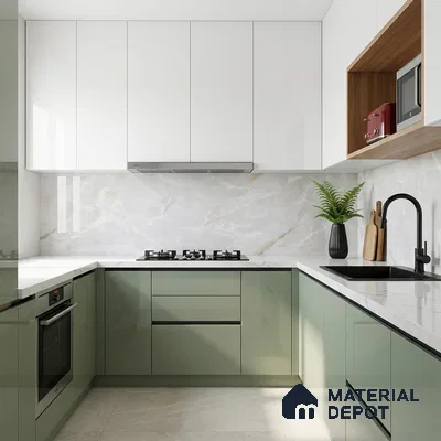 Modern kitchen with sage green and frosty white laminate, marble-look backsplash, and white quartz countertop