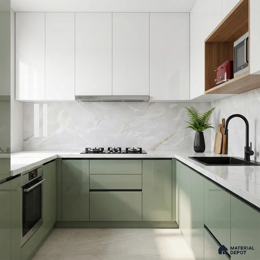 Modern kitchen with sage green and frosty white laminate, marble-look backsplash, and white quartz countertop