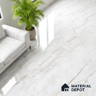 Modern living room with white marble-look floor tiles and marble upholstery sofa