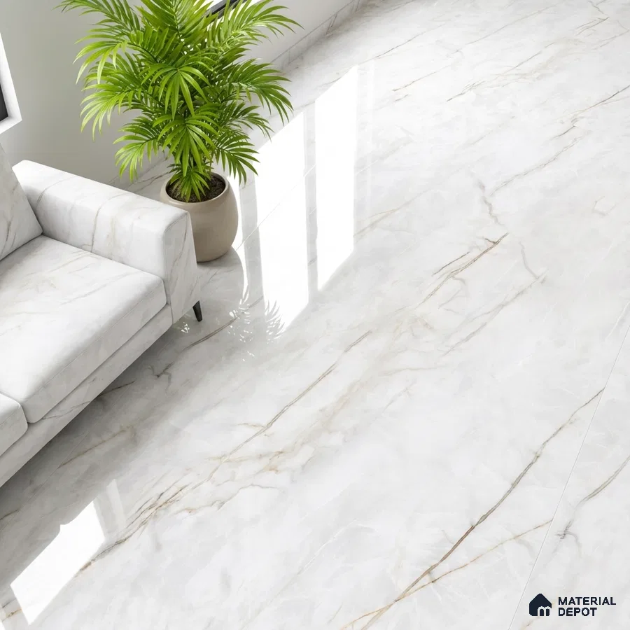 Modern living room with white marble-look floor tiles and marble upholstery sofa