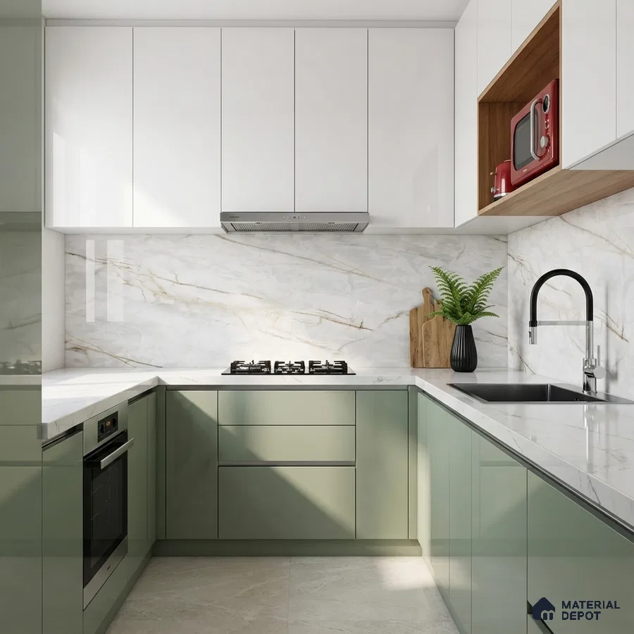 Modern kitchen with sage green and frosty white laminate, marble-look backsplash, and white quartz countertop