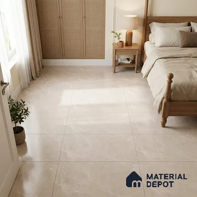 Traditional Bedroom with Glossy Cream Marble-Look Floor Tile