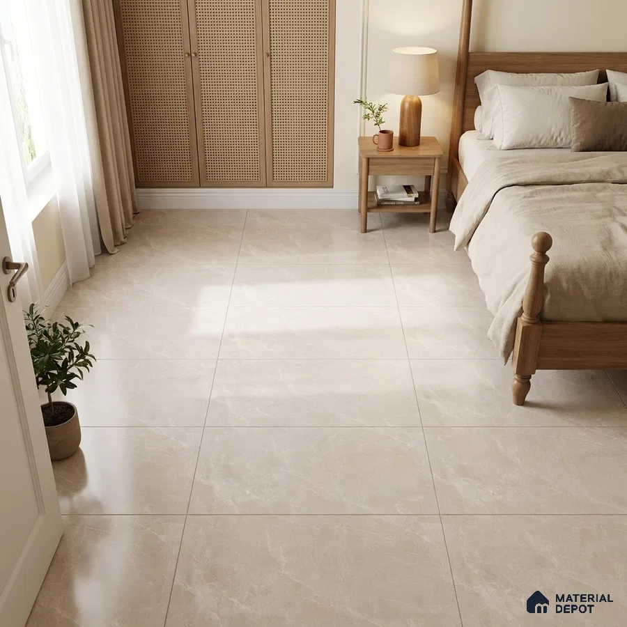 Traditional Bedroom with Glossy Cream Marble-Look Floor Tile