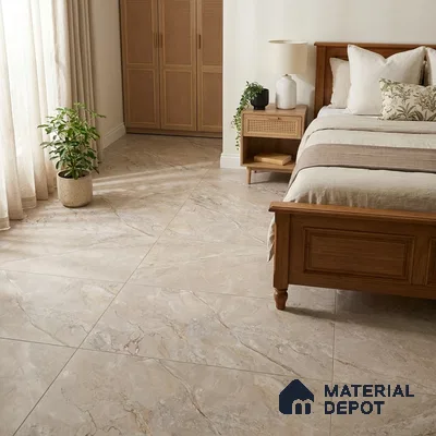 Traditional Bedroom with Cream Marble-Look Floor Tile