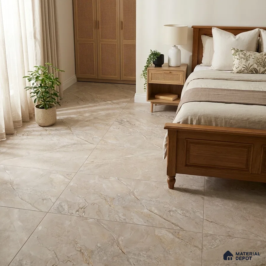 Traditional Bedroom with Cream Marble-Look Floor Tile