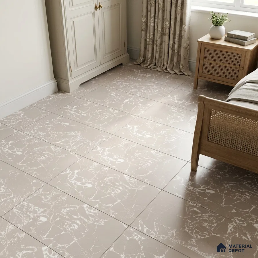 Traditional Bedroom with Greige Marble-Look Floor Tile