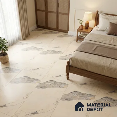 Traditional Bedroom with Patterned Cream Marble-Look Floor Tile