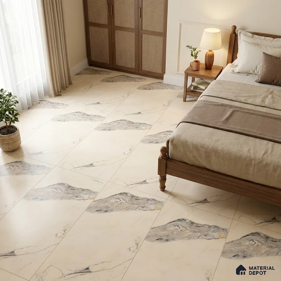 Traditional Bedroom with Patterned Cream Marble-Look Floor Tile