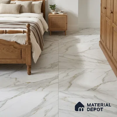 Traditional Bedroom with Calacatta White Marble-Look Floor Tile and Golden Veins